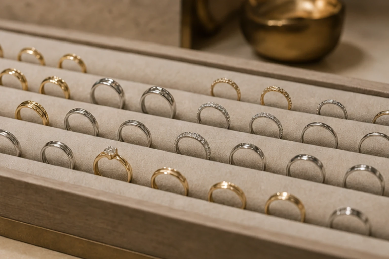 ring tray with gold silver bands velvet pads and soft boutique lighting