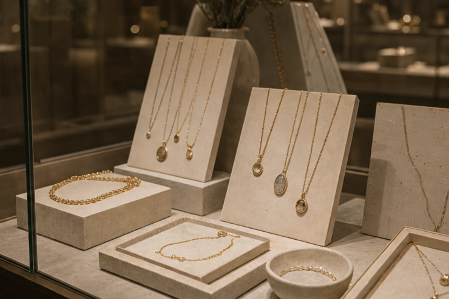 necklace display case with pendants chains and matte stone surfaces