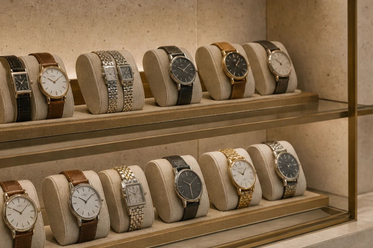 watch wall with leather straps metal bracelets and quiet luxury styling