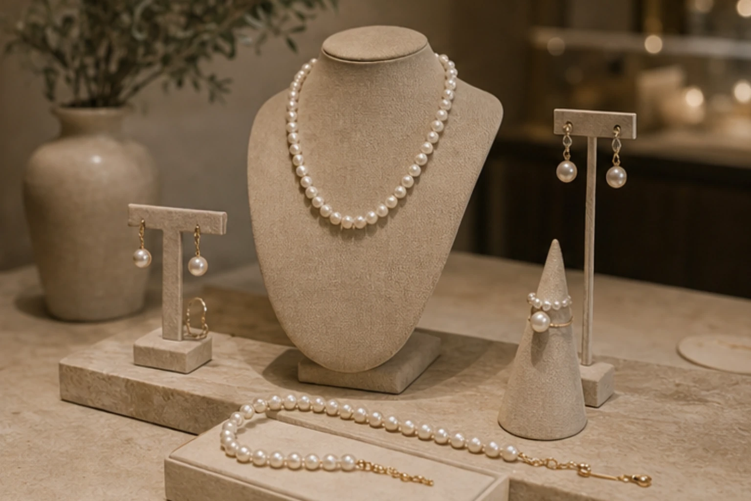 pearl jewelry edit with earrings necklaces and cream display forms