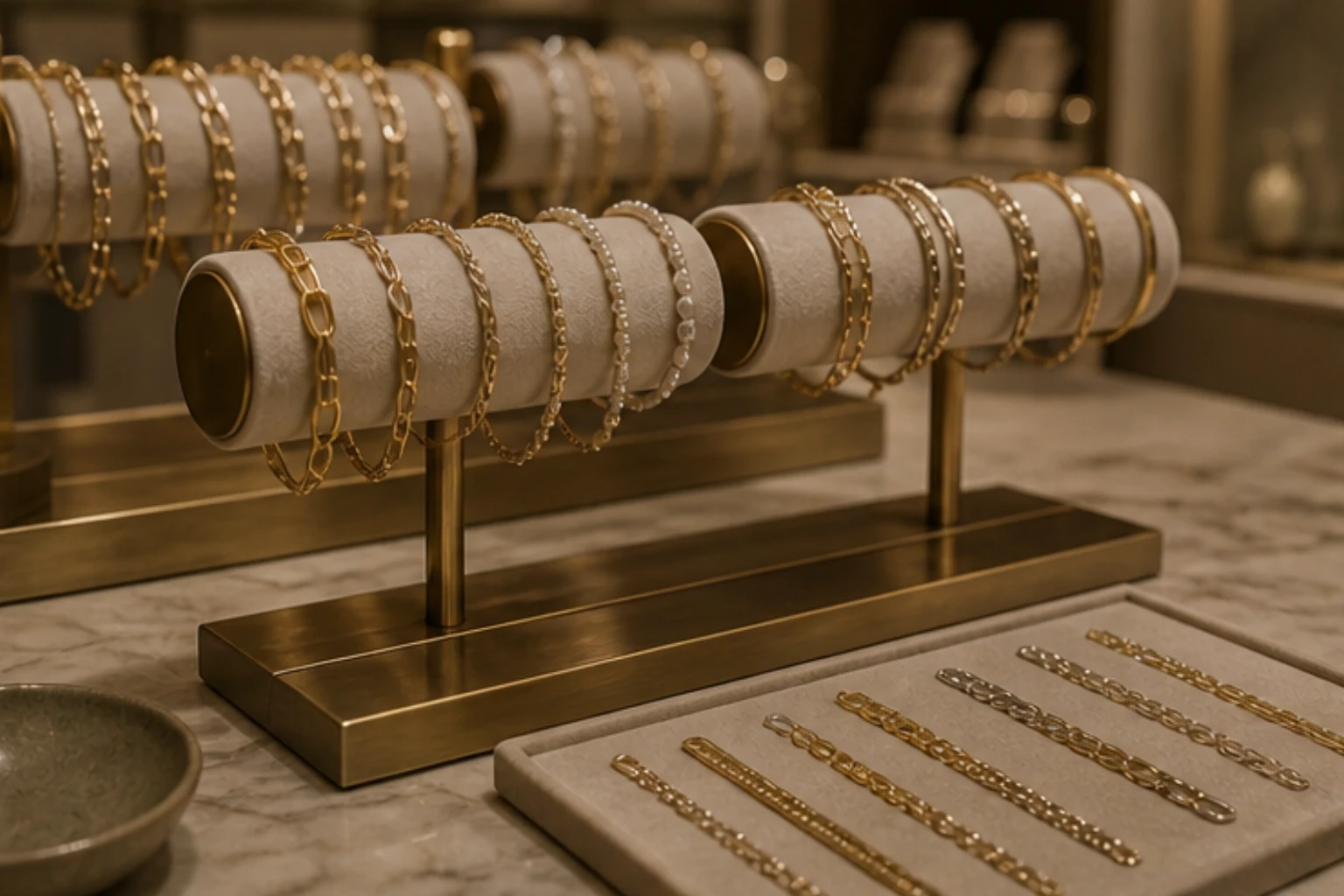 bracelet desk with chain bangles cuffs and brushed metal surfaces