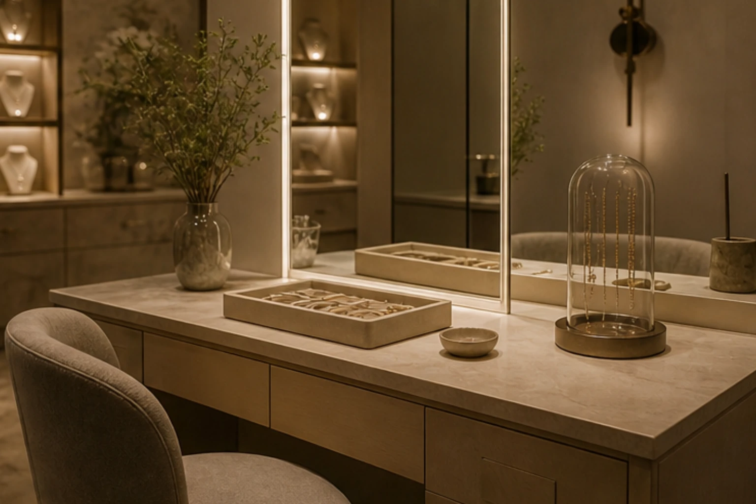 mirror bay for trying jewelry with soft chair linen tray and boutique light