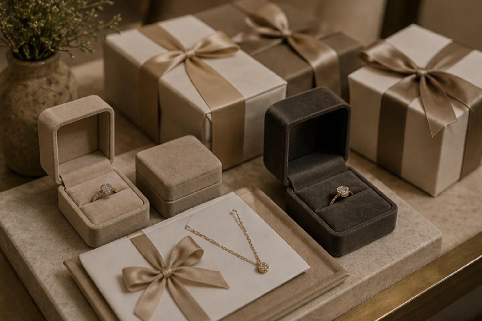 gift box display with ribbon cards velvet boxes and premium wrapping details
