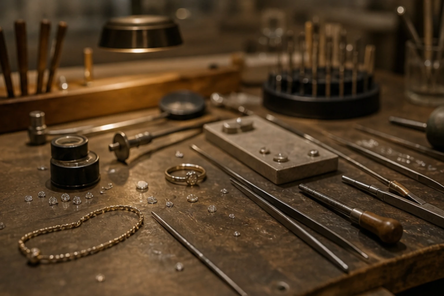 jewelry workshop bench with loupe tools stones and repair-ready details