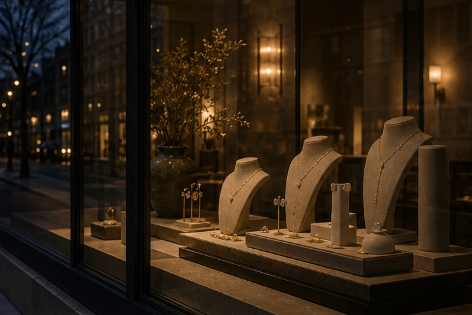 evening storefront window with jewelry displays warm reflections and quiet luxury mood