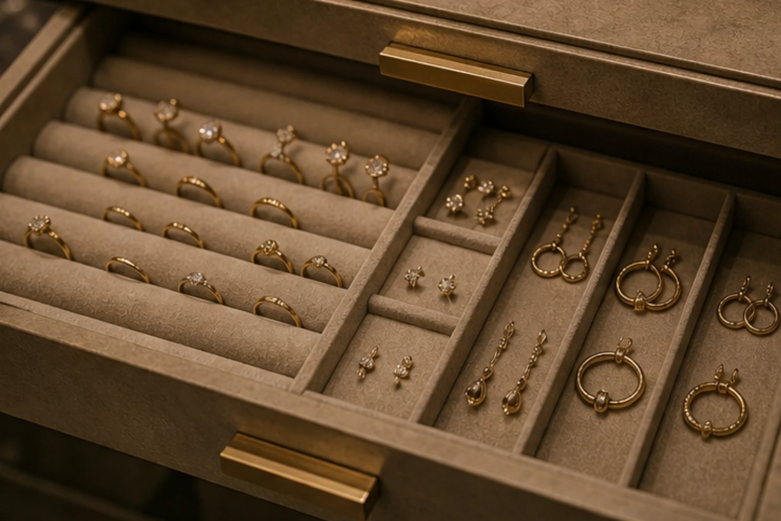 velvet jewelry drawer with slots rings earrings and brushed brass pulls
