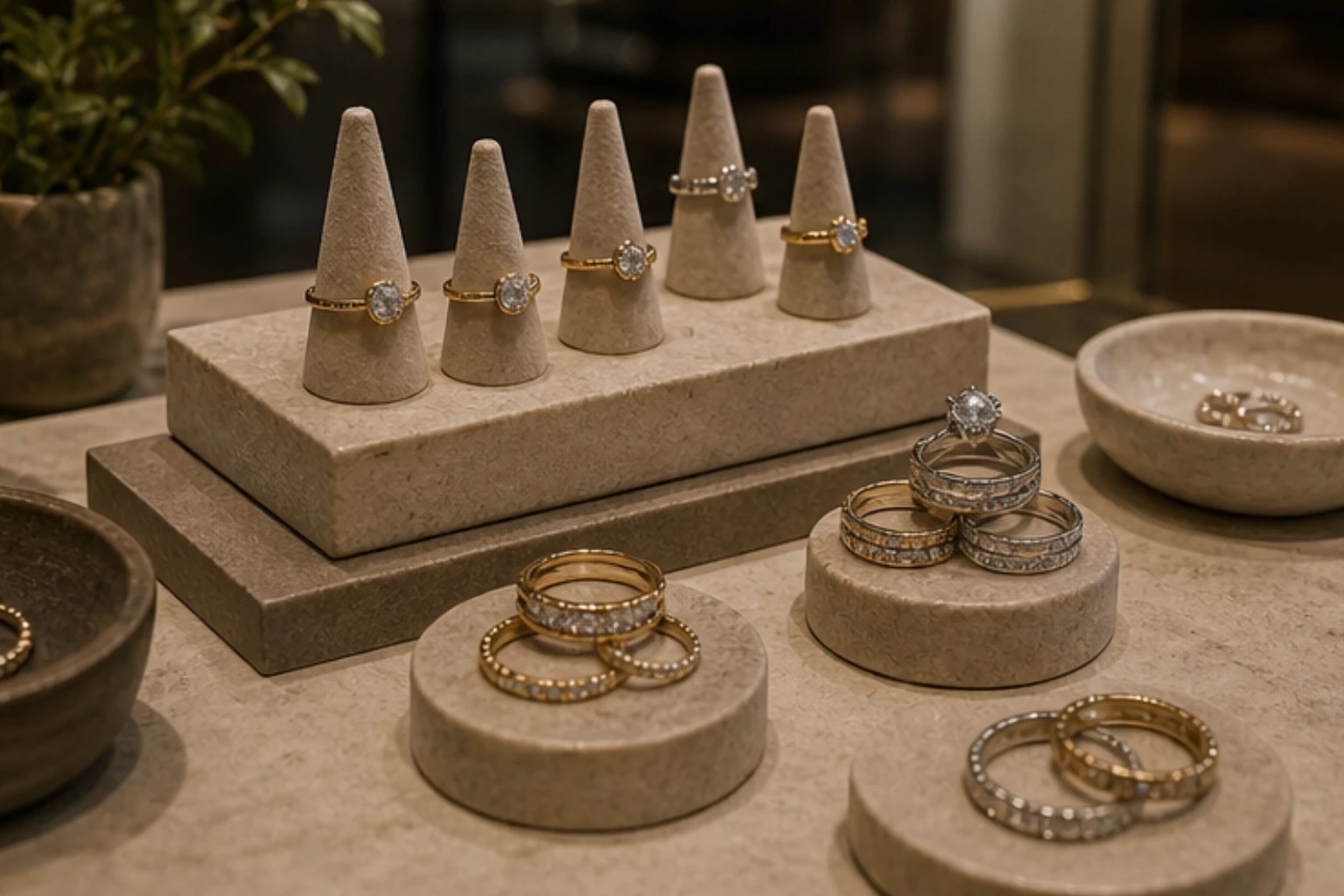 ring collection with stacked bands stones and matte jewelry display props