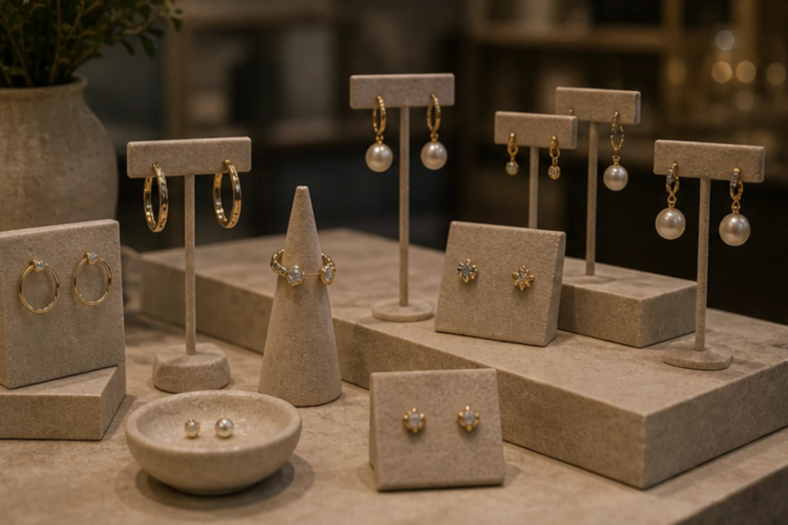 earring edit with studs hoops pearl drops and soft cream display forms