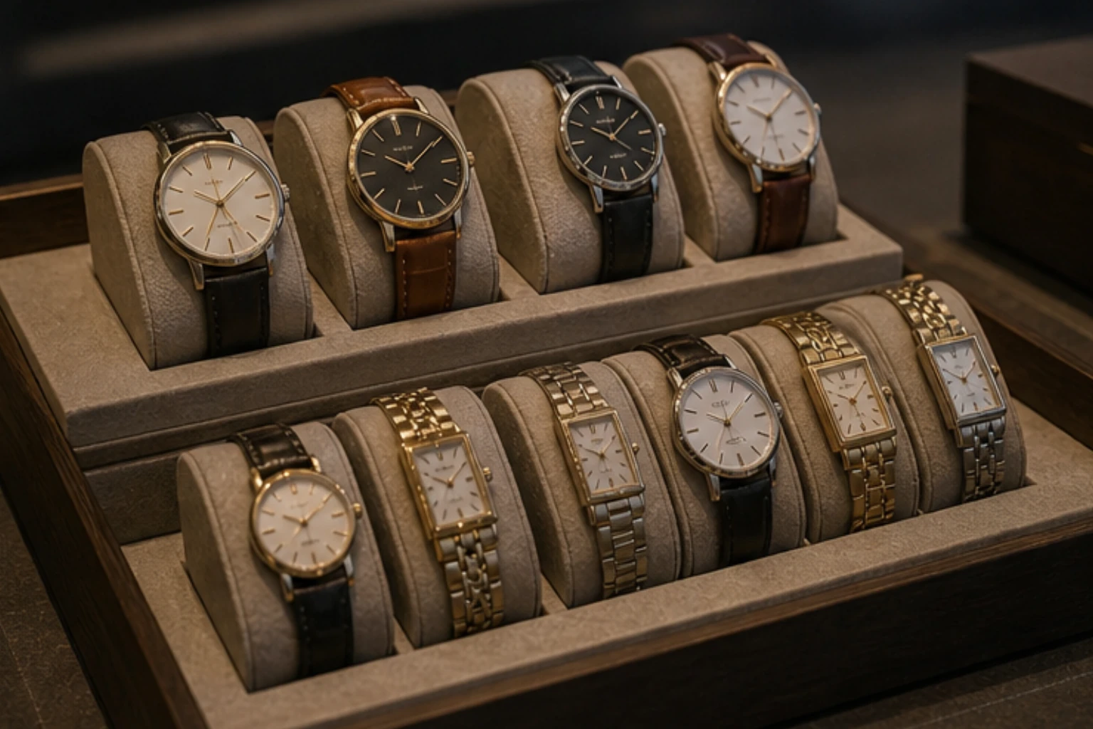 watch collection with leather strap pieces metal bracelet models and darker display tables