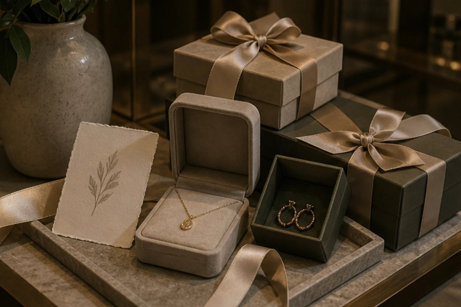 gift set edit with jewelry cases ribbons cards and premium unbranded wrapping